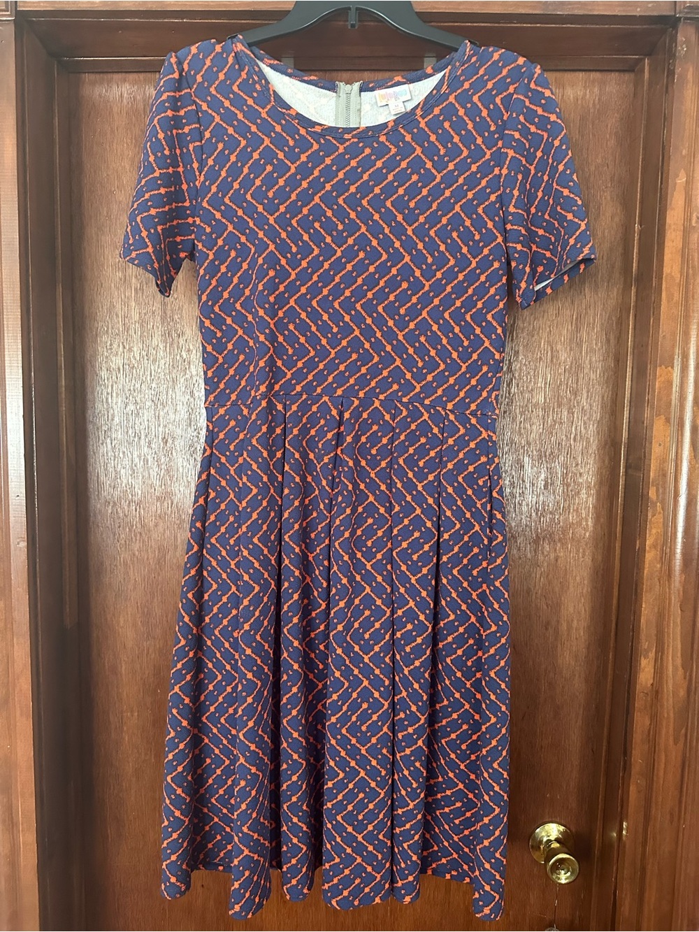 LuLaRoe Navy Dress with Orange Geometric Print